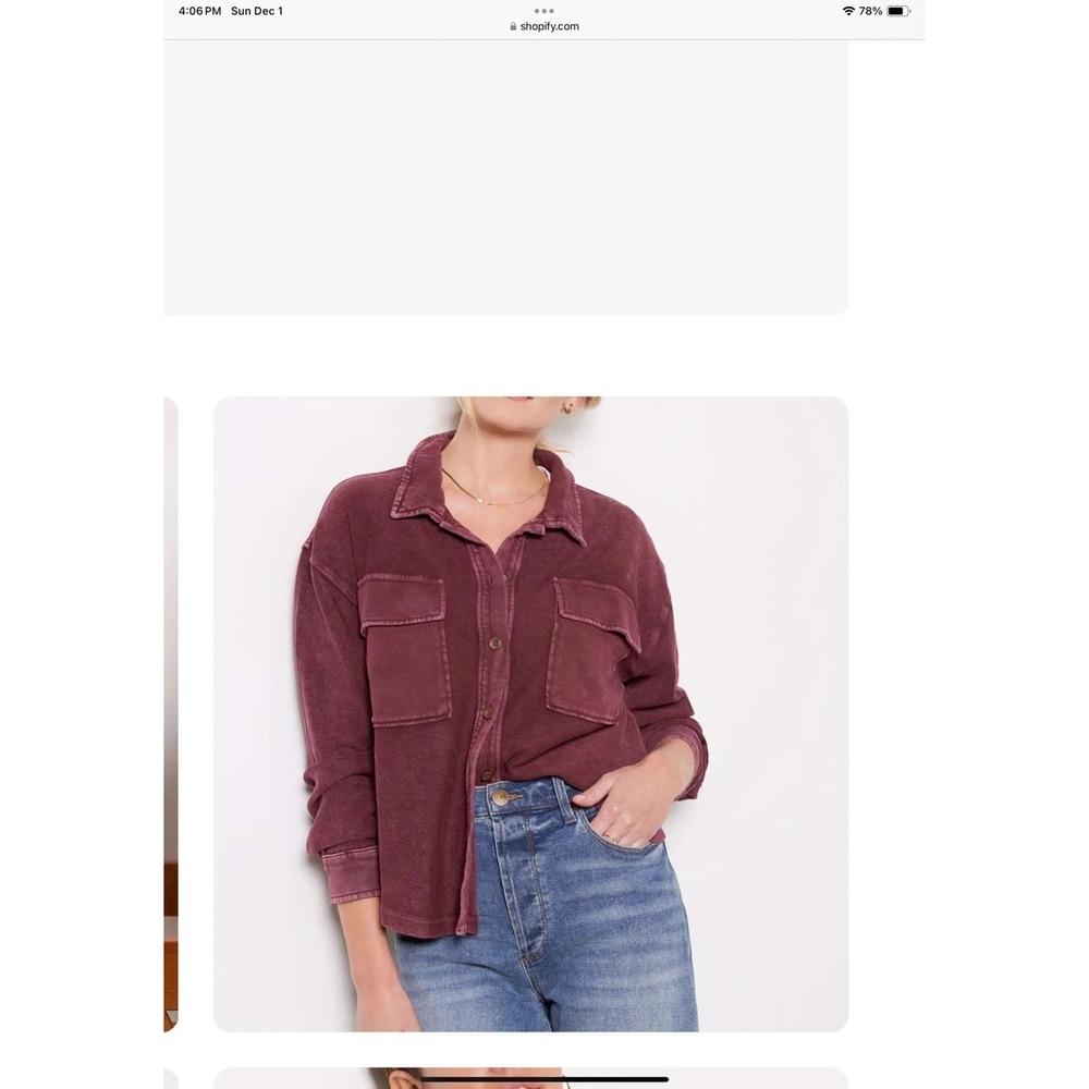 Evereve Women Burgundy Cotton French Terry Button Front Shirt S Long Sleeve